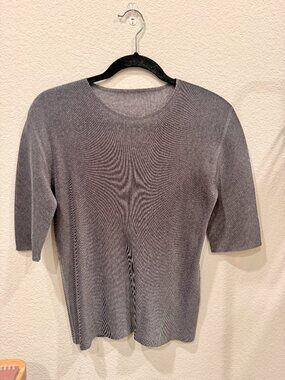 Pleats Please Issey Miyake Gray Micro Pleated 3/4 Sleeve Top Size 5